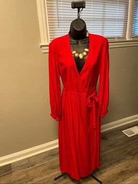 H&M Red Long Sleeve Wrap Midi Dress.